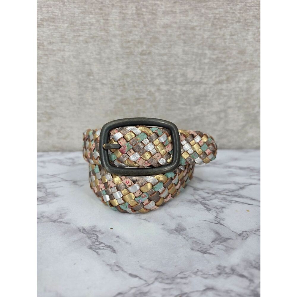 Fossil Y2K Metallic Silver Gold Pastel Floral Woven Leather Belt Boho